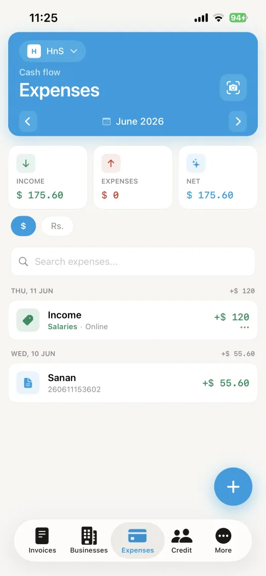 Invoice Biz expense tracking screen showing cash flow