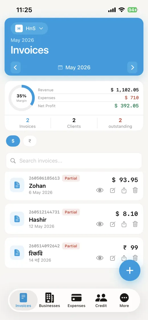 Invoice Biz invoice list with client names, amounts, and status