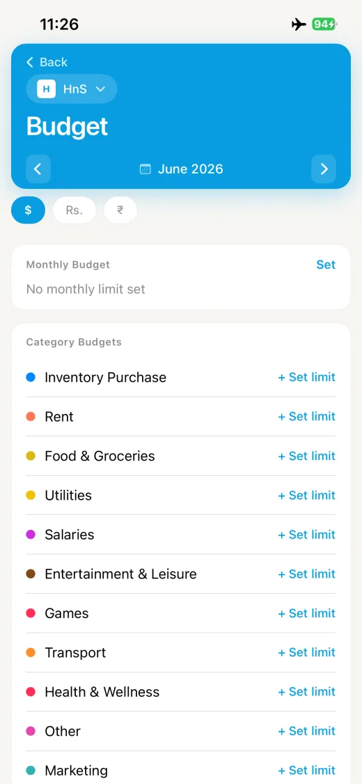 Invoice Biz budget screen showing spending limits