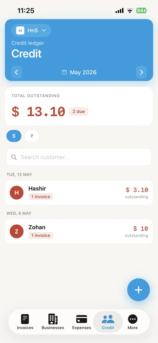 Invoice Biz customer credit ledger showing outstanding balances
